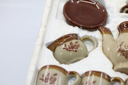 12 piece Stoneware Vintage Childs Toy Tea Set Brown Pottery Wheat Design Cups