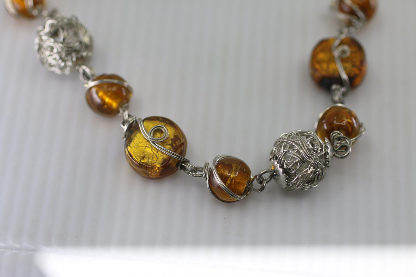 Handmade Amber Bead Necklace Silver Wire Artisan Necklace