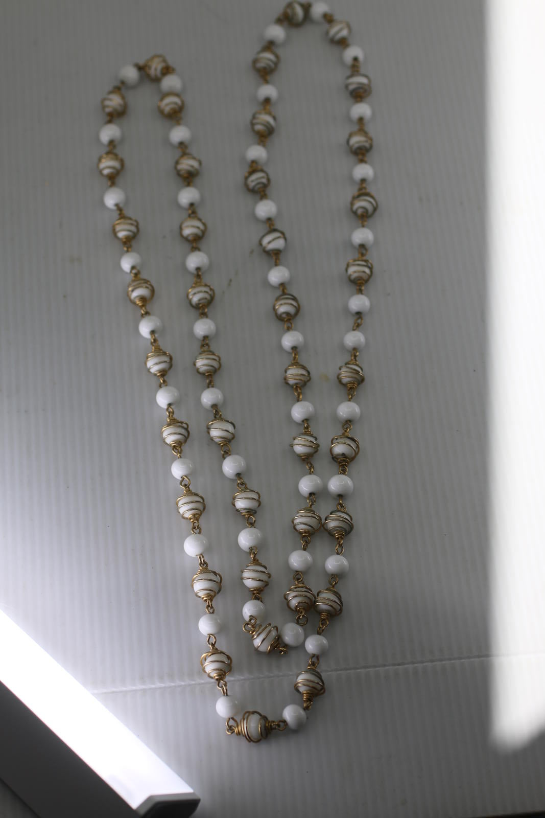 Vintage White Glass Bead Necklace Gold Tone Spiral Wire Long