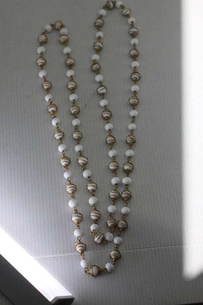 Vintage White Glass Bead Necklace Gold Tone Spiral Wire Long