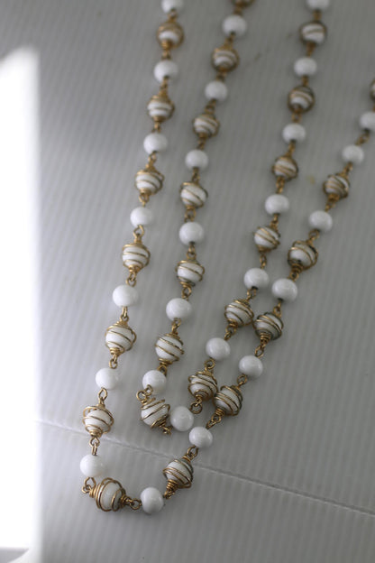 Vintage White Glass Bead Necklace Gold Tone Spiral Wire Long