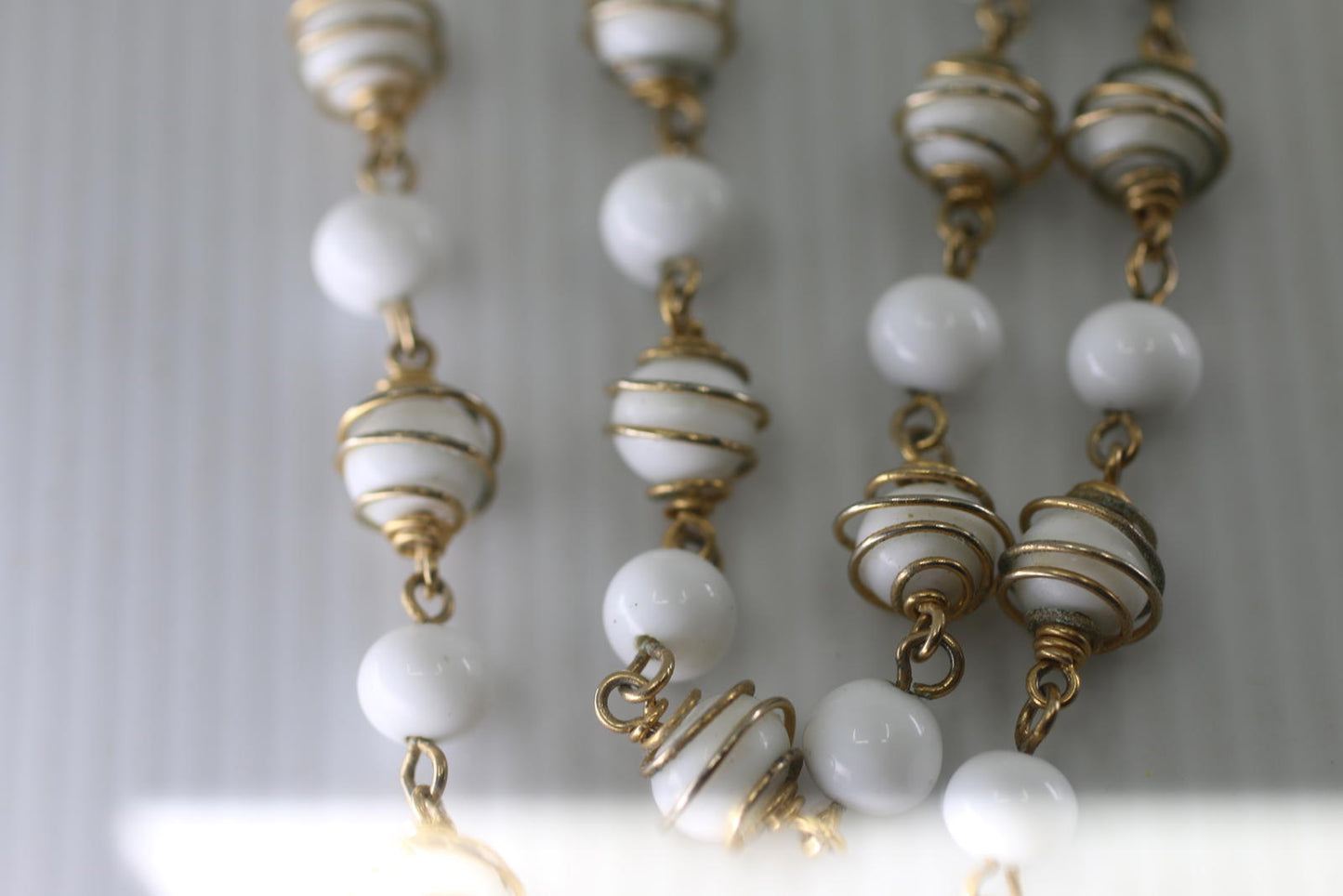 Vintage White Glass Bead Necklace Gold Tone Spiral Wire Long