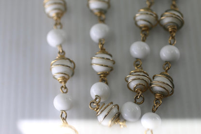 Vintage White Glass Bead Necklace Gold Tone Spiral Wire Long
