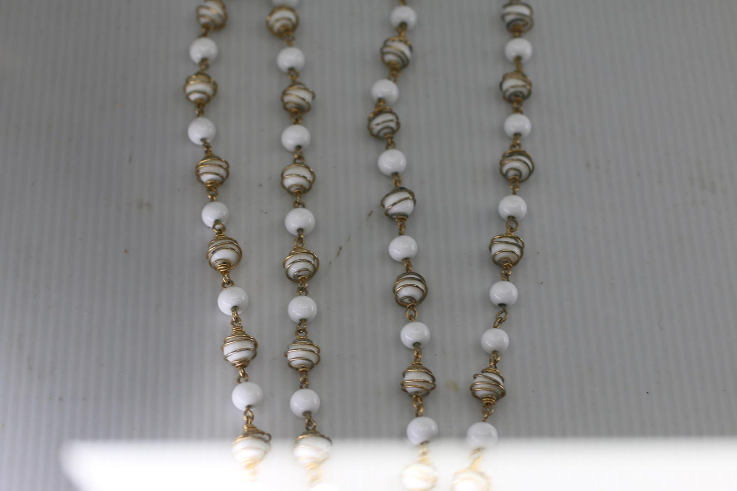 Vintage White Glass Bead Necklace Gold Tone Spiral Wire Long