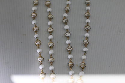 Vintage White Glass Bead Necklace Gold Tone Spiral Wire Long