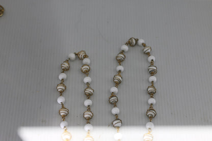 Vintage White Glass Bead Necklace Gold Tone Spiral Wire Long