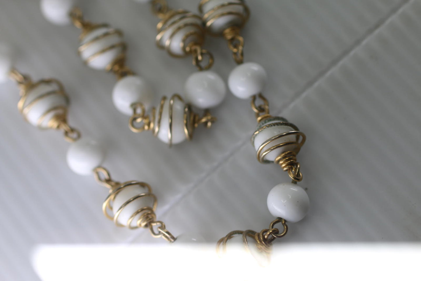 Vintage White Glass Bead Necklace Gold Tone Spiral Wire Long