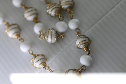 Vintage White Glass Bead Necklace Gold Tone Spiral Wire Long