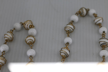 Vintage White Glass Bead Necklace Gold Tone Spiral Wire Long