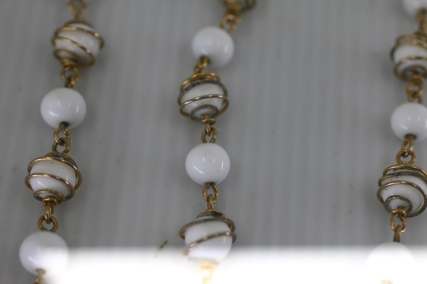 Vintage White Glass Bead Necklace Gold Tone Spiral Wire Long