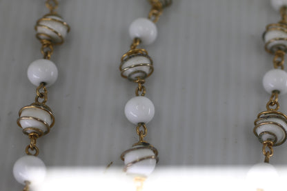 Vintage White Glass Bead Necklace Gold Tone Spiral Wire Long