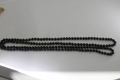 Vintage Black Glass Bead Necklace Long Knotted Strand Style