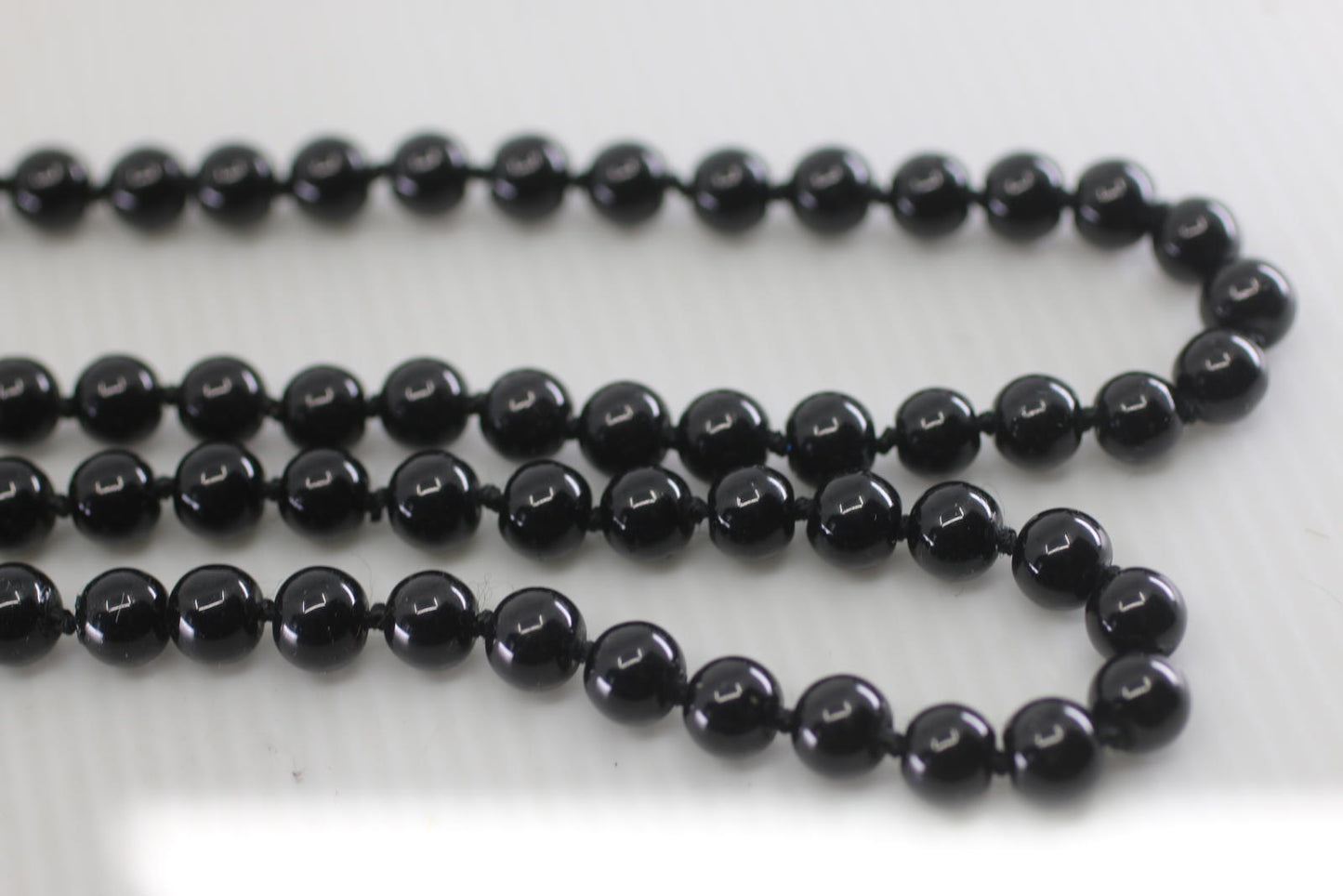 Vintage Black Glass Bead Necklace Long Knotted Strand Style