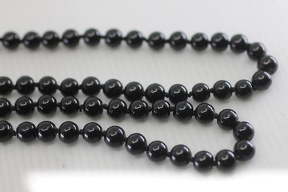 Vintage Black Glass Bead Necklace Long Knotted Strand Style