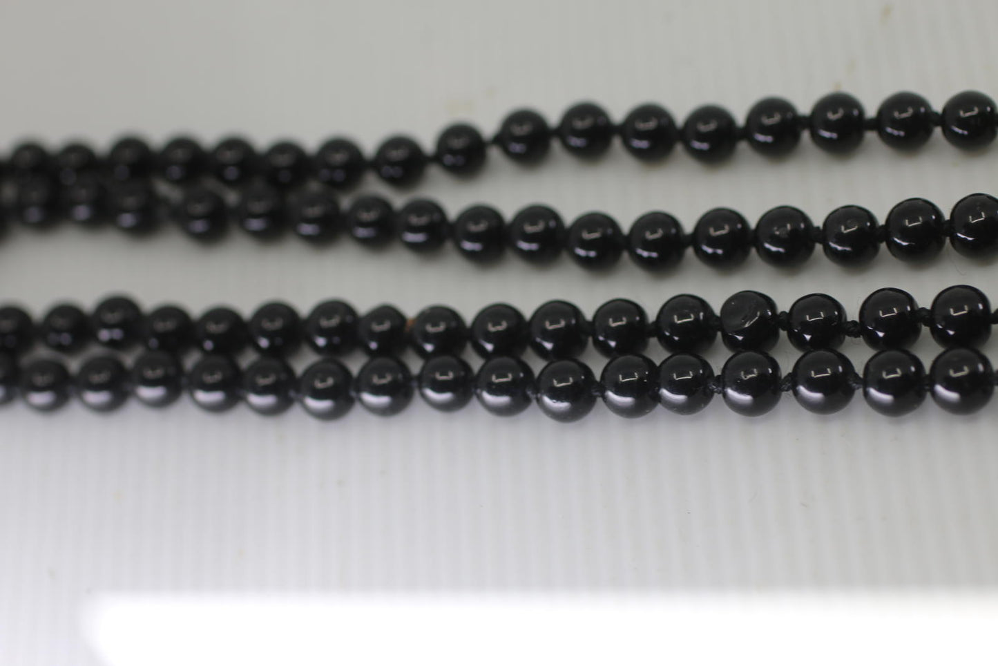 Vintage Black Glass Bead Necklace Long Knotted Strand Style