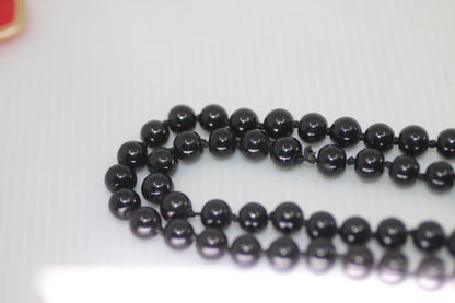 Vintage Black Glass Bead Necklace Long Knotted Strand Style