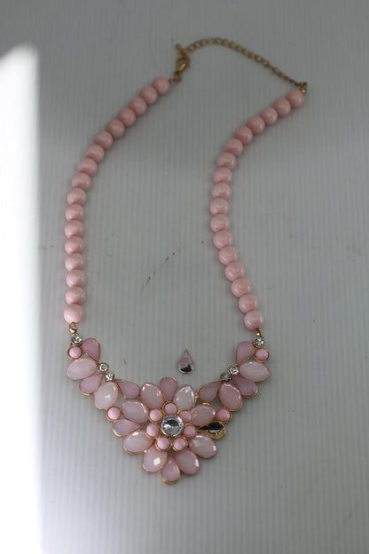 Pink Floral Statement Necklace Gold Tone Rhinestone Flower