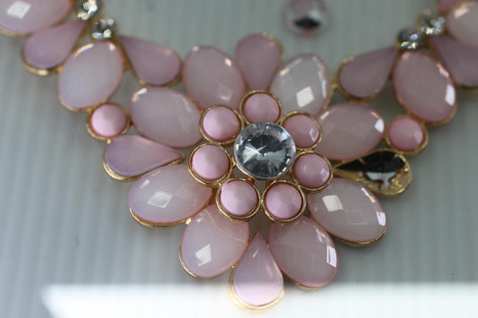 Pink Floral Statement Necklace Gold Tone Rhinestone Flower