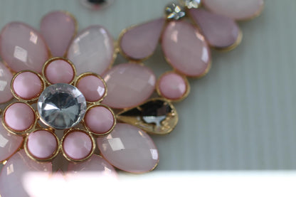 Pink Floral Statement Necklace Gold Tone Rhinestone Flower
