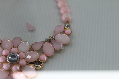 Pink Floral Statement Necklace Gold Tone Rhinestone Flower