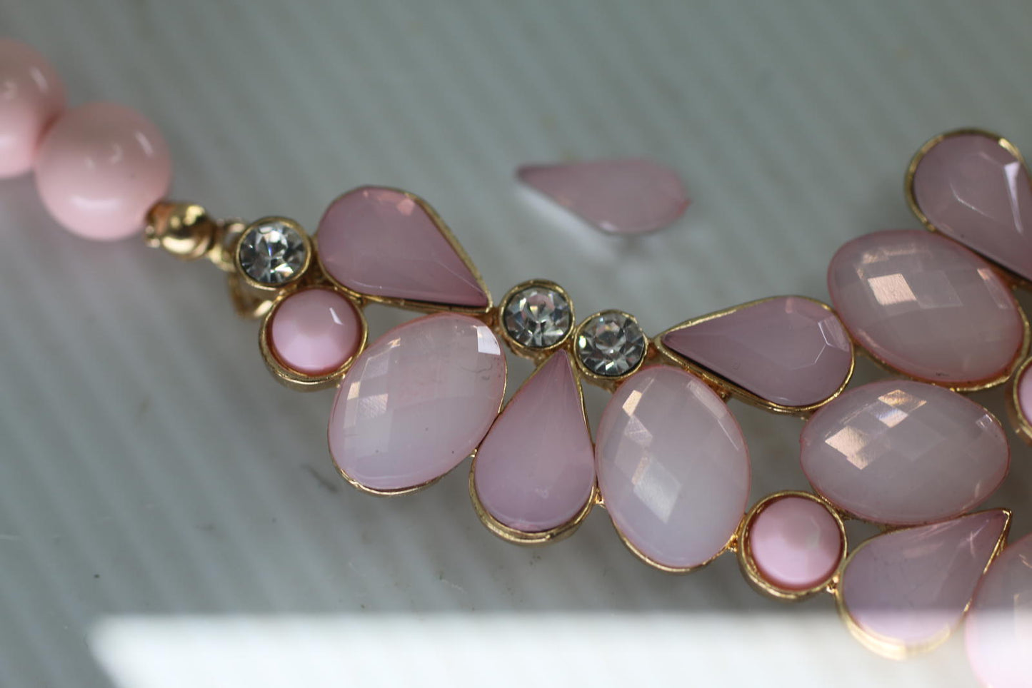 Pink Floral Statement Necklace Gold Tone Rhinestone Flower