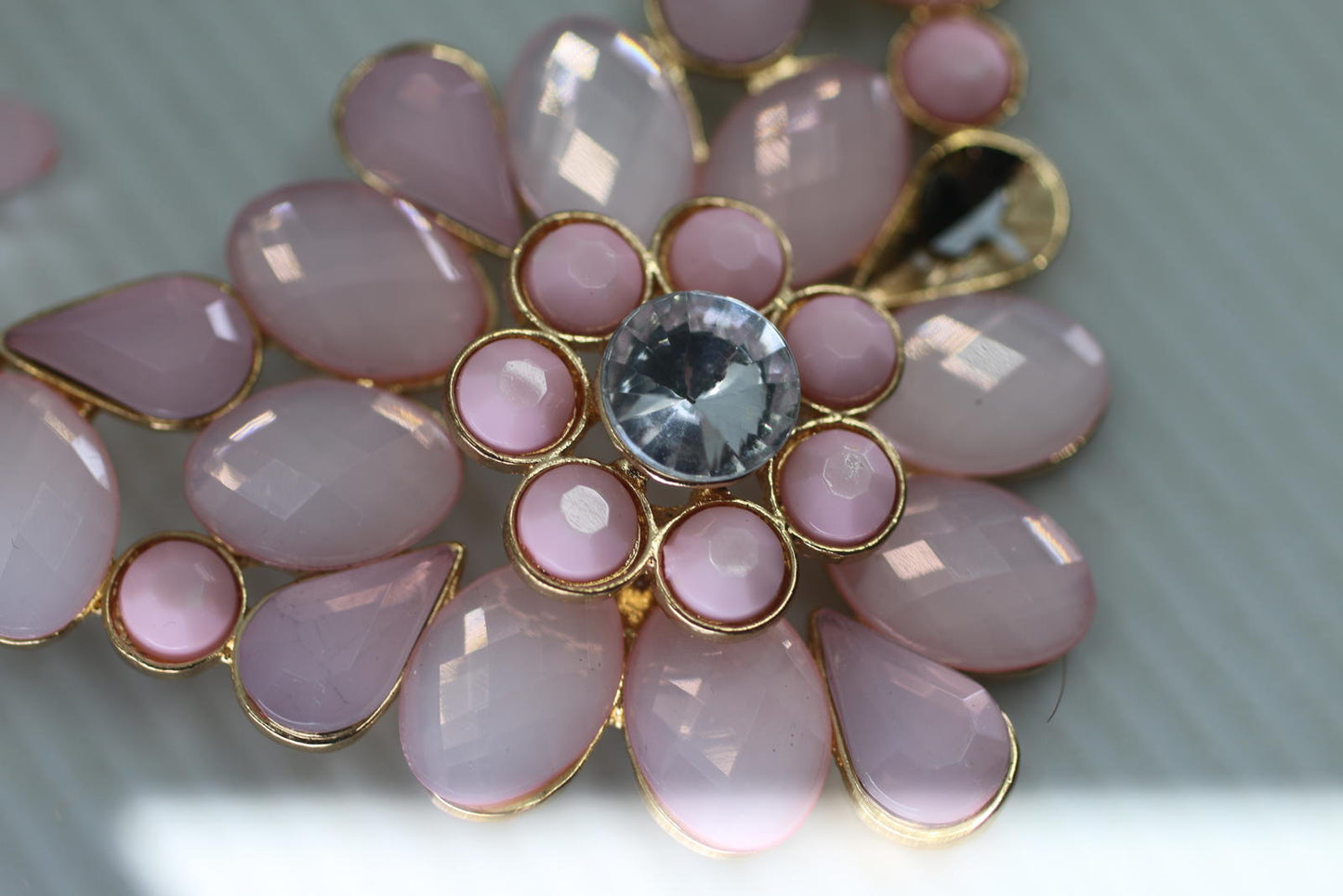 Pink Floral Statement Necklace Gold Tone Rhinestone Flower