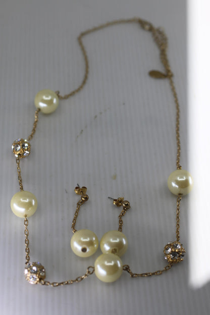 Bijoux Ternier Faux Pearl Necklace & Earrings Set Gold Tone