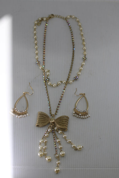 Vtg Gold Tone Bow Necklace & Earrings Set Pearl Rhinestone
