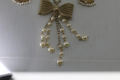 Vtg Gold Tone Bow Necklace & Earrings Set Pearl Rhinestone