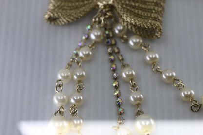 Vtg Gold Tone Bow Necklace & Earrings Set Pearl Rhinestone