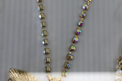 Vtg Gold Tone Bow Necklace & Earrings Set Pearl Rhinestone