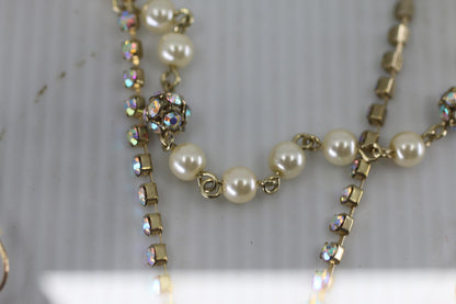 Vtg Gold Tone Bow Necklace & Earrings Set Pearl Rhinestone