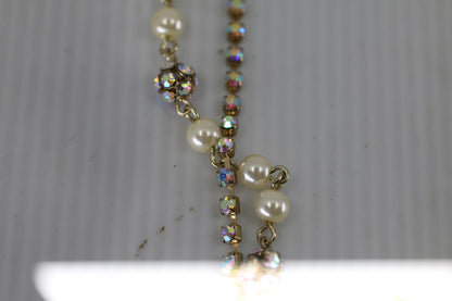 Vtg Gold Tone Bow Necklace & Earrings Set Pearl Rhinestone