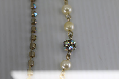 Vtg Gold Tone Bow Necklace & Earrings Set Pearl Rhinestone