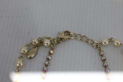 Vtg Gold Tone Bow Necklace & Earrings Set Pearl Rhinestone