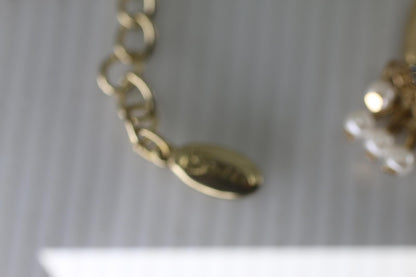 Vtg Gold Tone Bow Necklace & Earrings Set Pearl Rhinestone