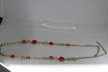 VTG Gold Tone Red Glass Bead Necklace Geometric Stone Chain