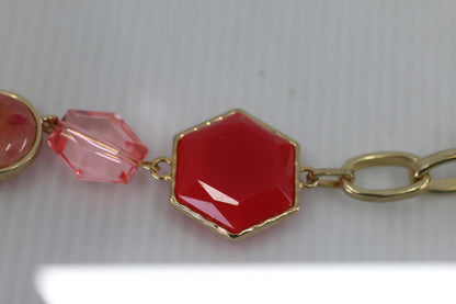 VTG Gold Tone Red Glass Bead Necklace Geometric Stone Chain