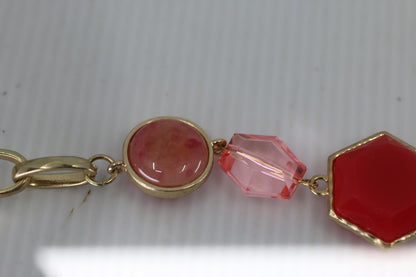 VTG Gold Tone Red Glass Bead Necklace Geometric Stone Chain
