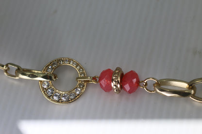 VTG Gold Tone Red Glass Bead Necklace Geometric Stone Chain