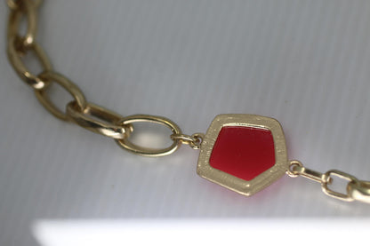 VTG Gold Tone Red Glass Bead Necklace Geometric Stone Chain