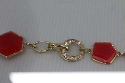 VTG Gold Tone Red Glass Bead Necklace Geometric Stone Chain
