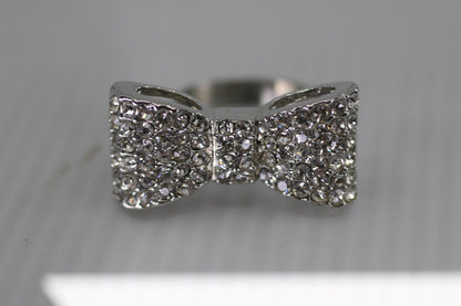 Rhinestone Bow Ring Silver Tone Statement Bow Tie Ring