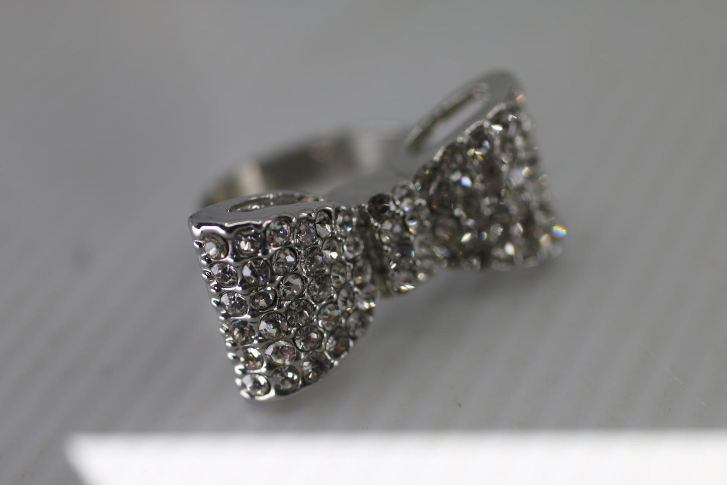 Rhinestone Bow Ring Silver Tone Statement Bow Tie Ring