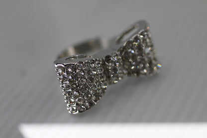 Rhinestone Bow Ring Silver Tone Statement Bow Tie Ring