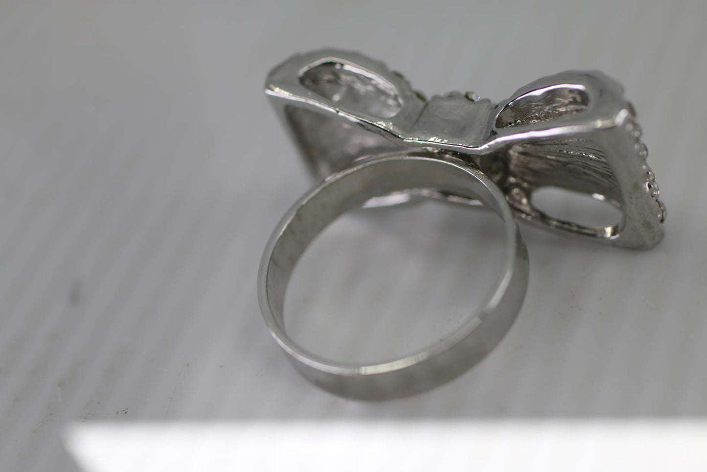 Rhinestone Bow Ring Silver Tone Statement Bow Tie Ring