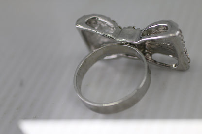 Rhinestone Bow Ring Silver Tone Statement Bow Tie Ring