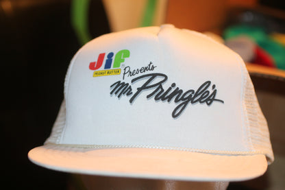 Vintage Jif Peanut Butter Presents Mr Pringles Trucker Hat Promo Snapback Cap USA
