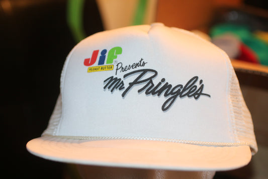 Vintage Jif Peanut Butter Presents Mr Pringles Trucker Hat Promo Snapback Cap USA