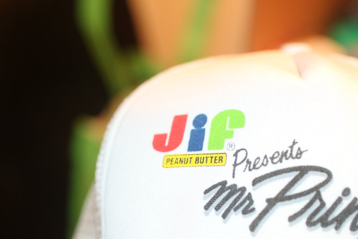 Vintage Jif Peanut Butter Presents Mr Pringles Trucker Hat Promo Snapback Cap USA